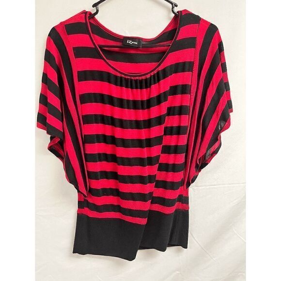 IZ Byer Women’s Short Sleeve Striped Lace Back Blouse Black Red Size Medium - Picture 1 of 8